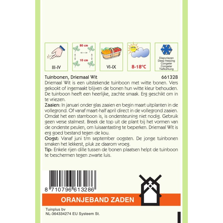 Oranjeband® Broad Beans Threefold White, 15g